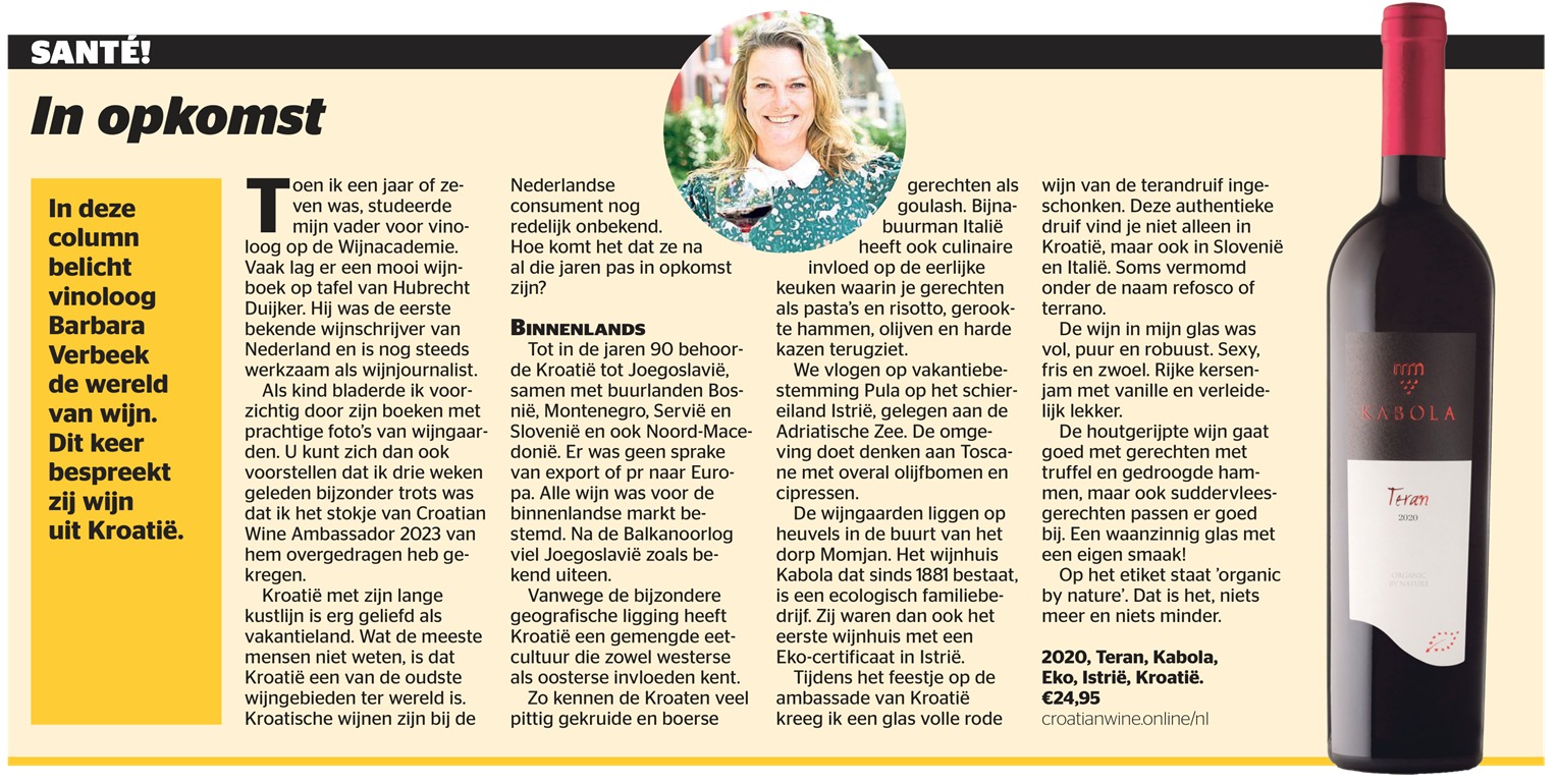 wijncolumn Barbara Verbeek in de Telegraaf